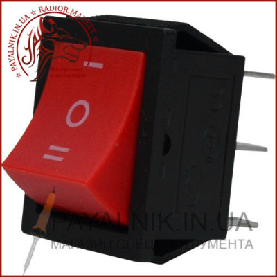 Перемикач широкий KCD-4, ON-OFF-ON 6-й контактний, 15A, 220V, червоний