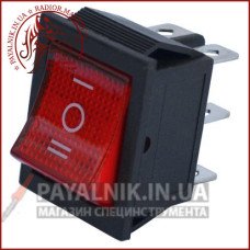 Перемикач широкий з підсвічуванням IRS-203-1C ON-OFF-ON 6-й контактний, 15A, 220V, червоний 11-0553R
