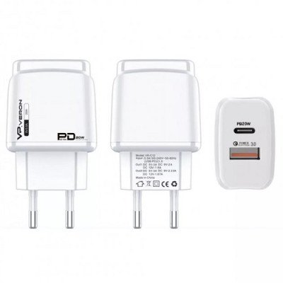 Мережевий зарядний пристрій VERON C12 USB + Type C PD 20W, QC3.0 White