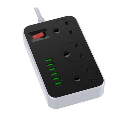 Мережевий подовжувач з USB Power Socket BKL-04 5USB 3.4A 17W, 3 розетки 2500W (чорний)