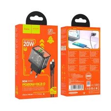 Мережеве зарядне HOCO N34 DUAL PORTS PD 20W QC3.0 + кабель Type C Black