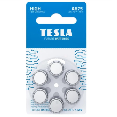 Батарейка Tesla A675 1.45V Zinc Air для слухових апаратів, 6 штук блістер